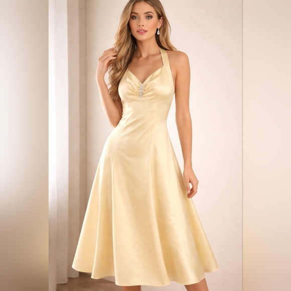 David's Bridal Dresses & Skirts - David’s Bridal Champagne Satin Gown w/ Crystal Detail | Size 4 Formal Dress